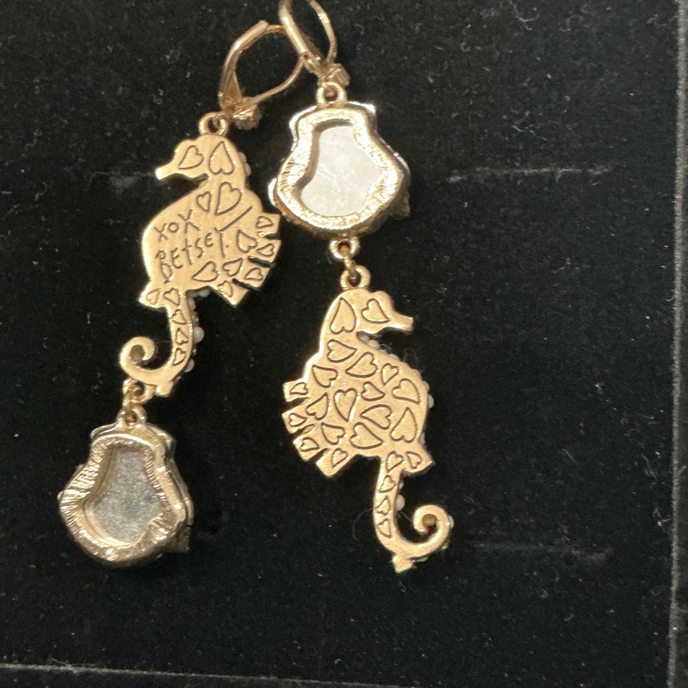 Betsey Johnson Gold Seahorse Earrings with Iridescent Shells - Picture 2 of 2